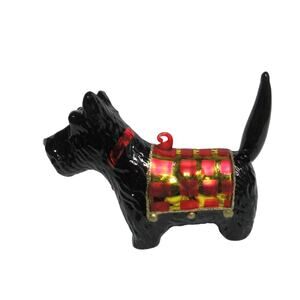Scotty Dog Black Glass Christmas Ornament Glass Black w/Red-Black Blanket 4" T